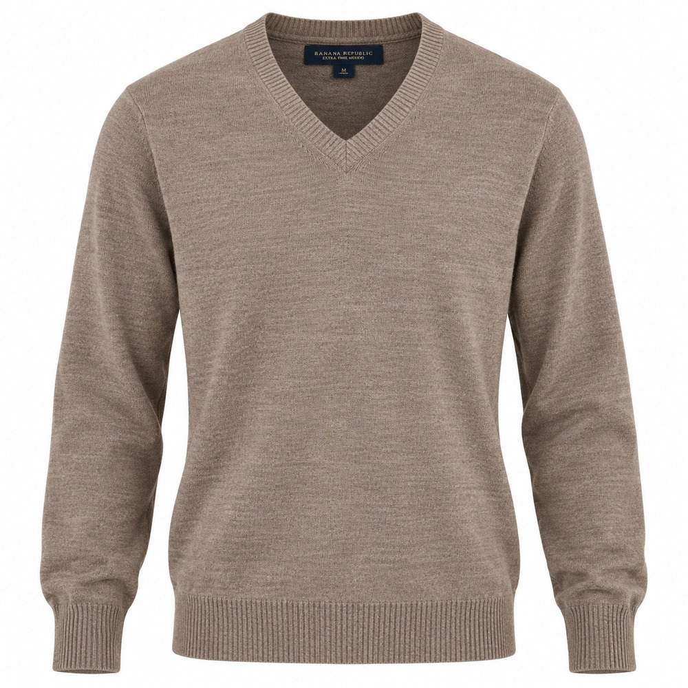 Banana Republic Mens Taupe Brown Extra Fine Merino Wool V-Neck Sweater M 769350